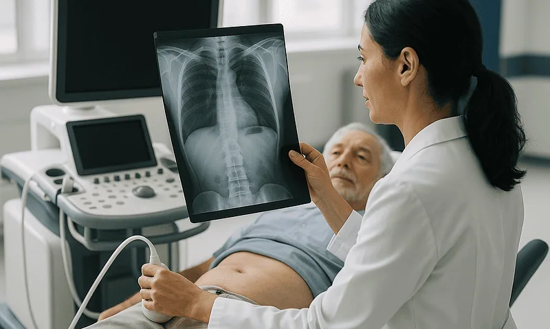 Doctor examining chest X-ray of a patient in a hospital setting.