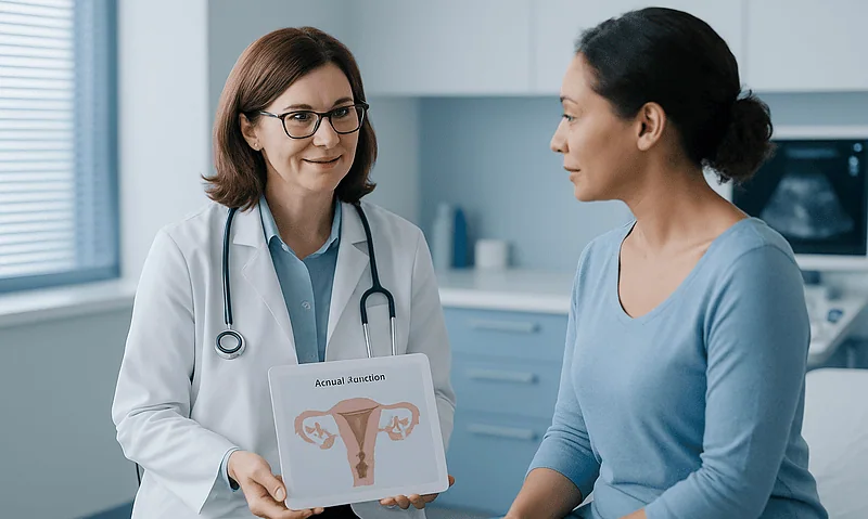 Doctor explaining ovarian health to a patient in a clinic setting.