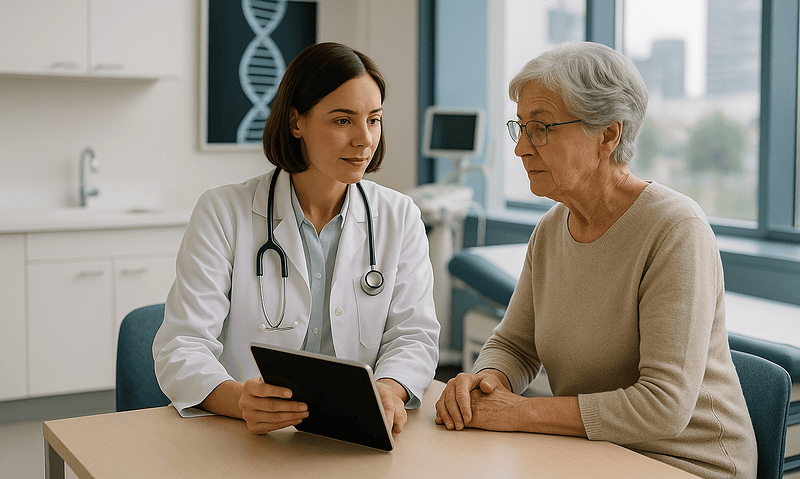 Doctor consulting with an elderly patient in a modern hospital setting.