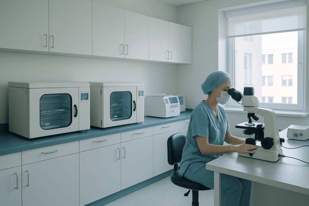 Ovarian Hyperstimulation Syndrome 1 Laboratory technician examining samples with a microscope at Acibadem Hospitals Group.