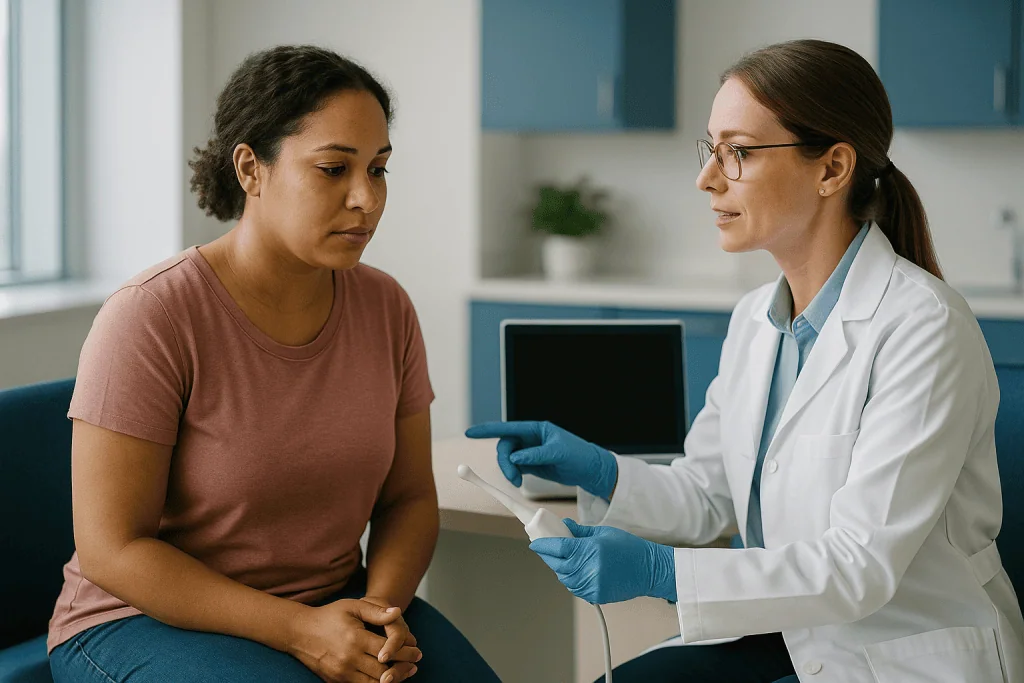 Doctor consulting patient with tablet in clinical setting — Ovarian reserve testing before IVF: what AMH and follicle counts 