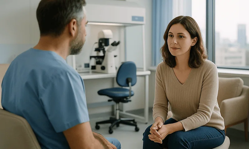Doctor consulting with a female patient in a medical office setting.