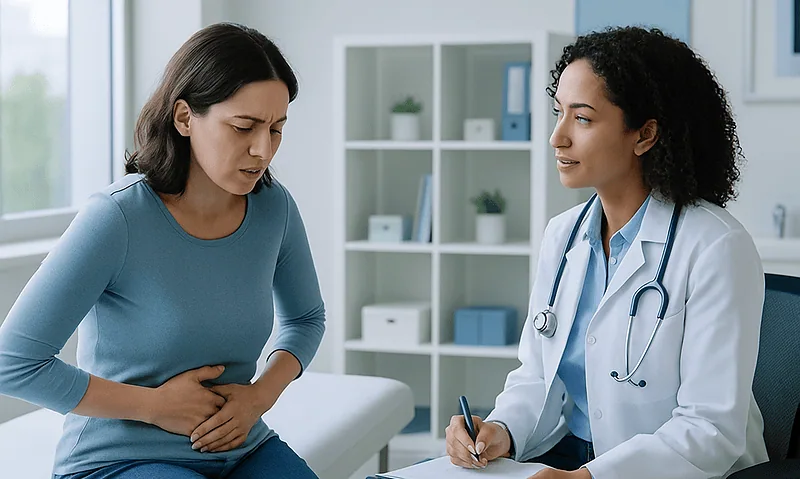 Woman consulting with doctor about abdominal pain in a medical office.