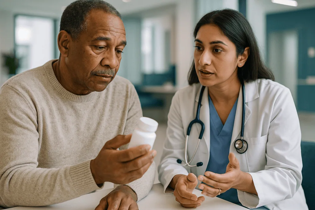 Doctor consulting patient about medication in clinical setting: Over the counter drugs and kidney disease: how a filter meet