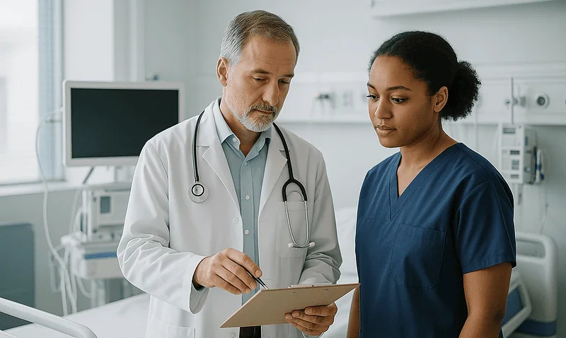 Doctor and nurse discussing patient care in hospital room.