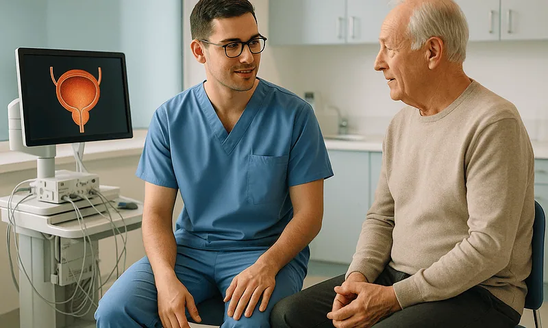 Urologist consulting with an elderly patient about bladder health.