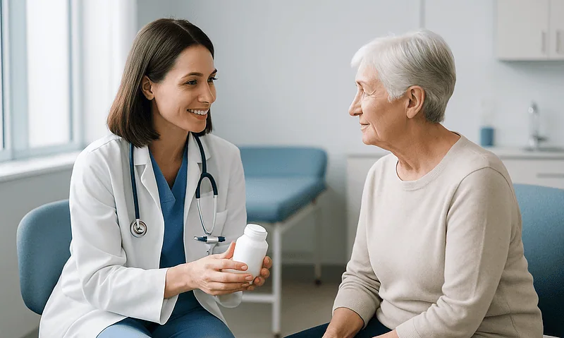 Female doctor consulting with elderly woman in a medical office.