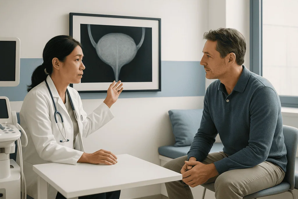 Overactive Bladder Treatment 1 Doctor discussing overactive bladder treatment with patient in clinic.