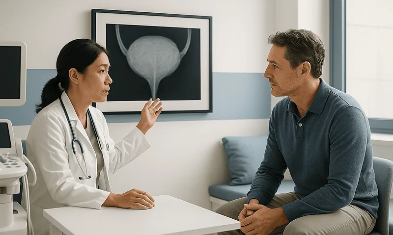 Doctor discussing overactive bladder treatment with patient in clinic.