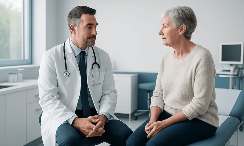 Urologist consulting with an elderly female patient in a medical office.