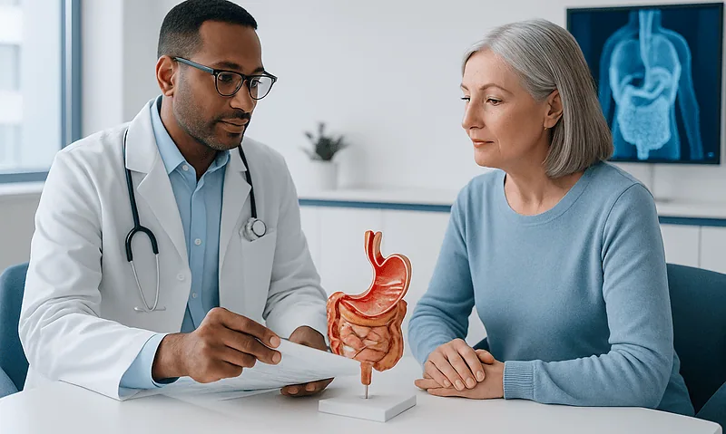 Doctor explaining stomach health to an elderly woman with a model of the digestive system.