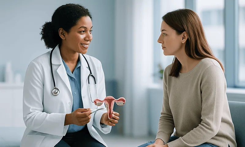 Doctor explaining ovulation process to patient with uterine model.