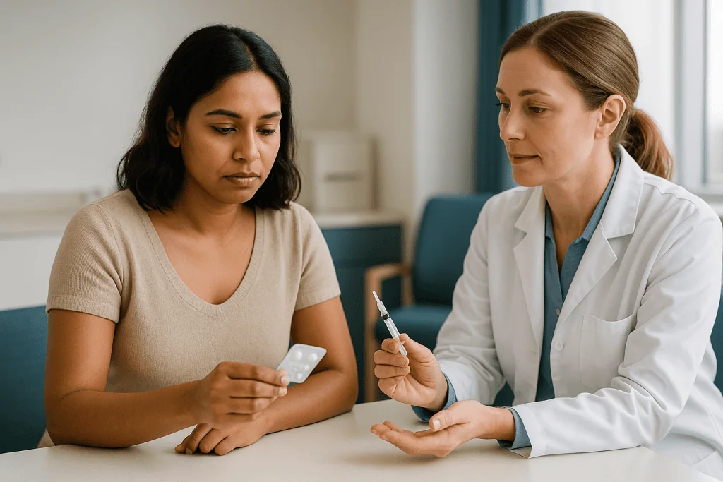 Doctor consulting patient, holding medication or injection: Ovulation induction: how it works, step by step