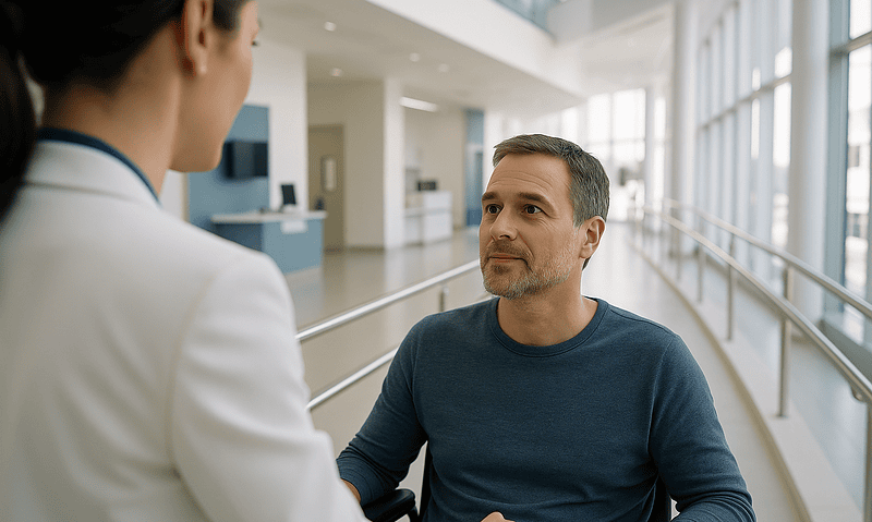 Patient consulting with doctor in hospital lobby during medical travel to Turkey.