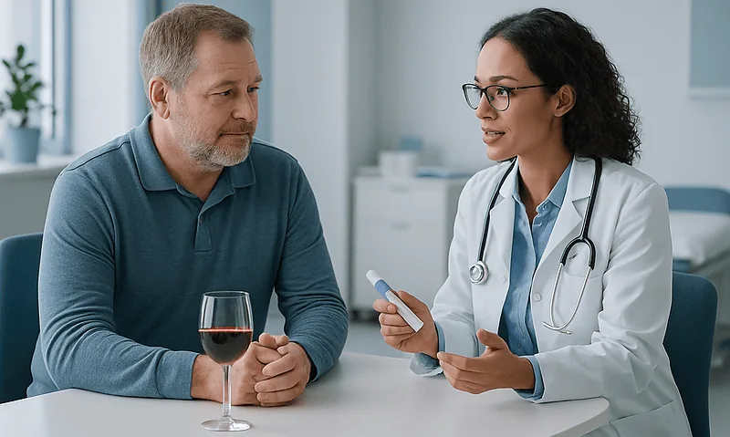 Doctor consulting with middle-aged male patient about medication.