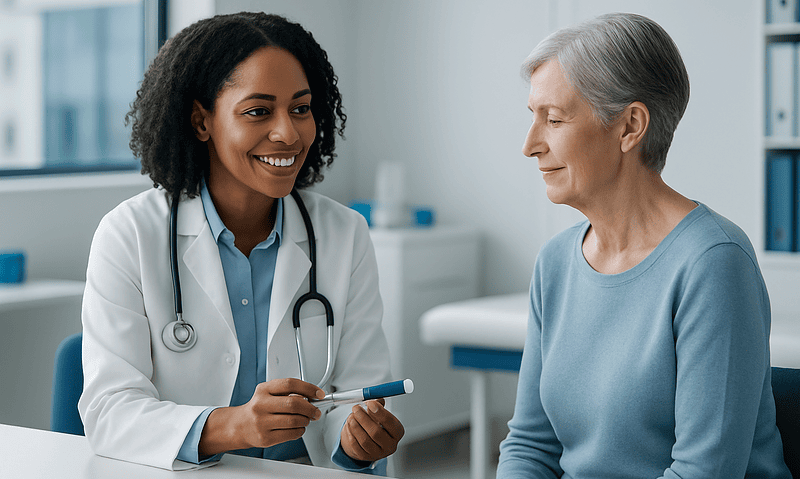 Doctor consulting with an elderly patient in a medical office.