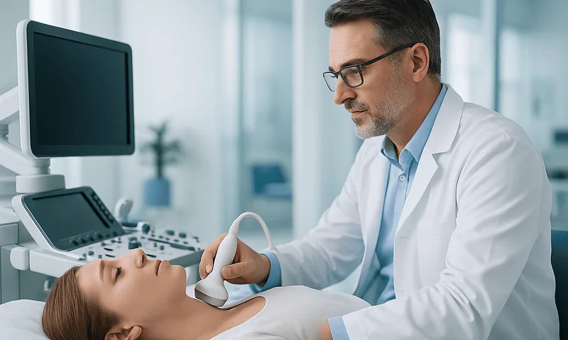 Doctor performing an ultrasound on a patient in a hospital setting.
