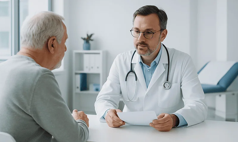 Doctor consulting with an elderly male patient in a medical office.