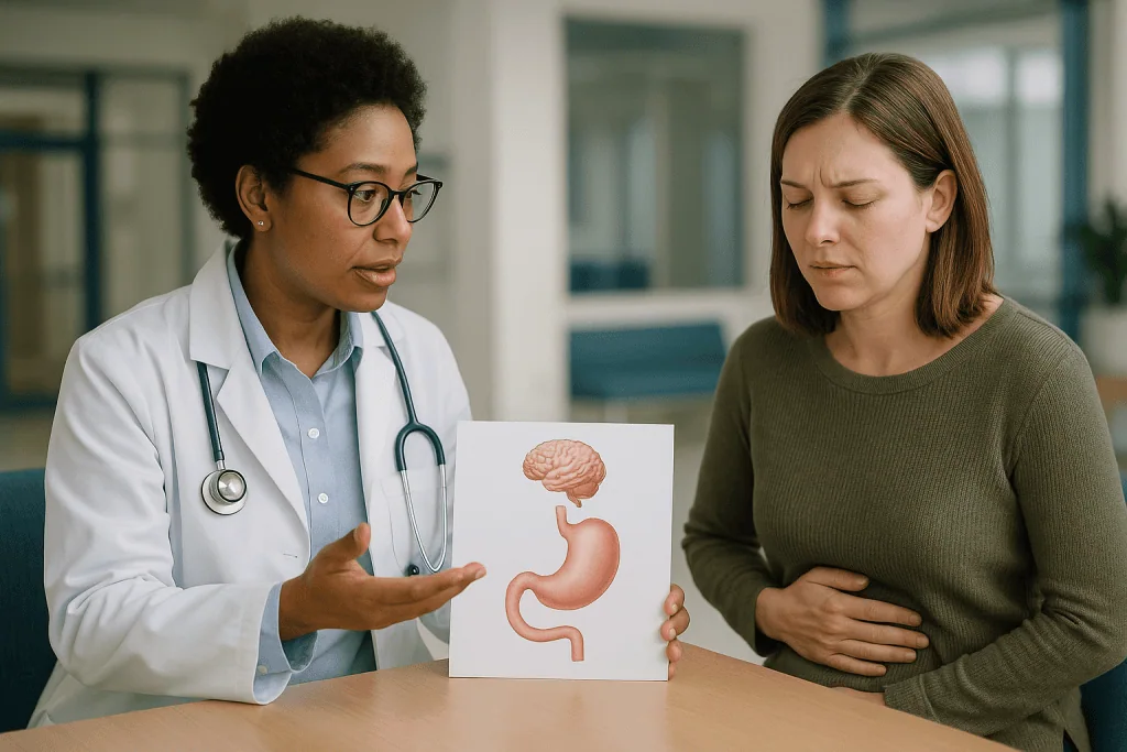 Doctor explaining gastrointestinal anatomy to patient: Ozempic nausea: what is actually happening in the stomach and brain