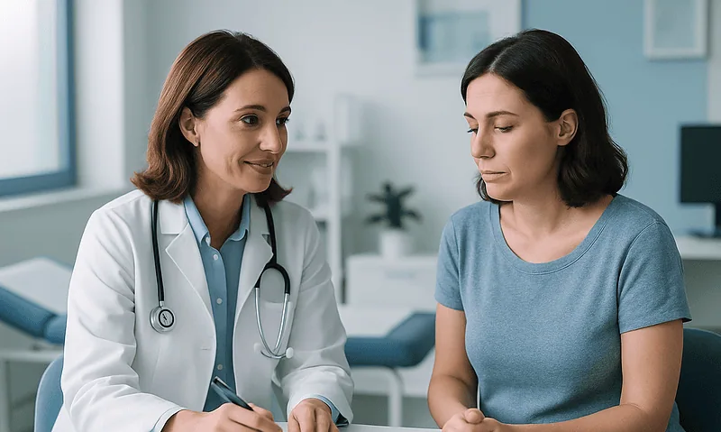 Doctor consulting with patient in a medical office setting.