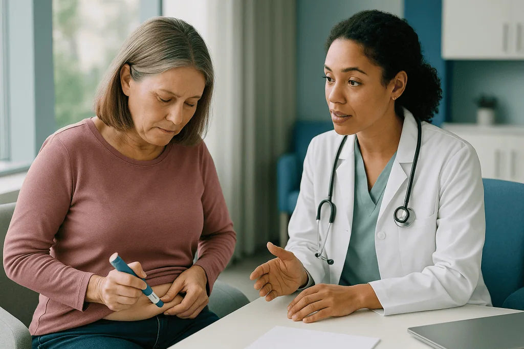 Doctor consulting with patient about medication injection — Ozempic vs Wegovy side effects: the same molecule at different st