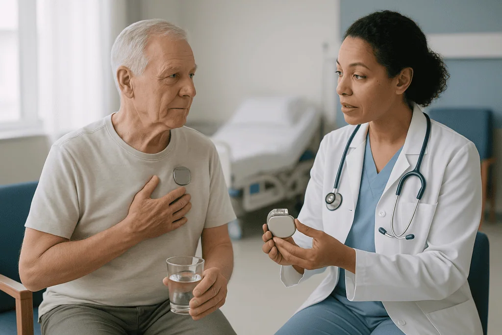 Doctor consulting elderly patient about cardiac device: Pacemaker vs ICD: what each device does and does not do