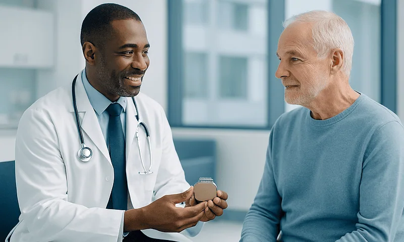Doctor explaining pacemaker to senior patient in hospital.