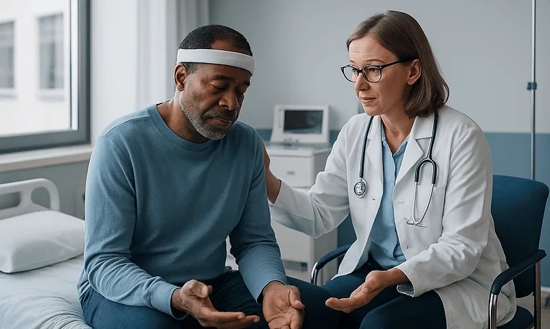 Doctor consulting with a patient in a hospital room during brain injury rehab.