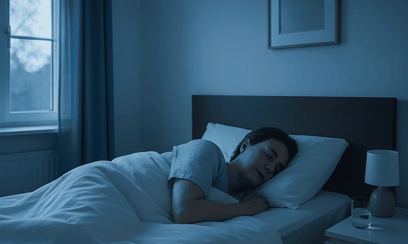 Young man sleeping peacefully in a darkened bedroom for restful sleep.
