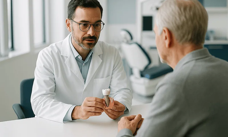 Dentist explaining dental implant to an elderly patient in a clinic.