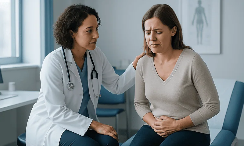Doctor comforting a woman with abdominal pain in a medical office.