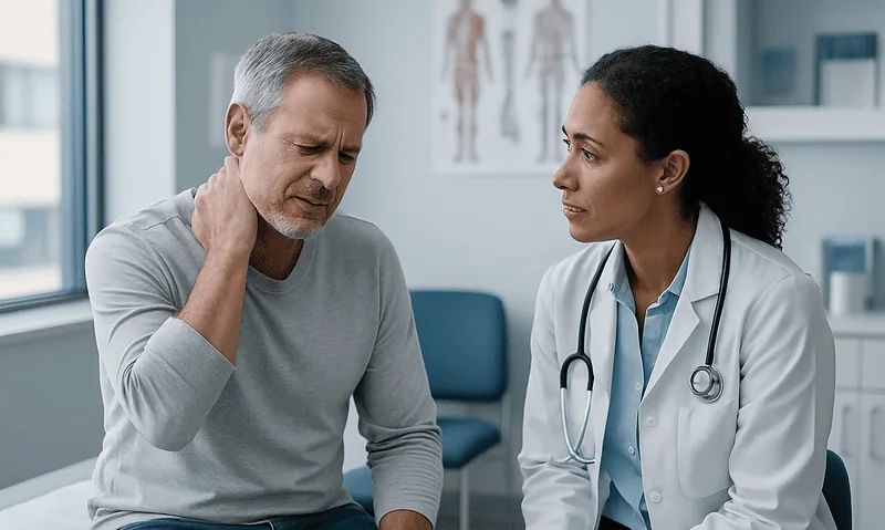 Doctor consulting with a patient experiencing neck pain after surgery.