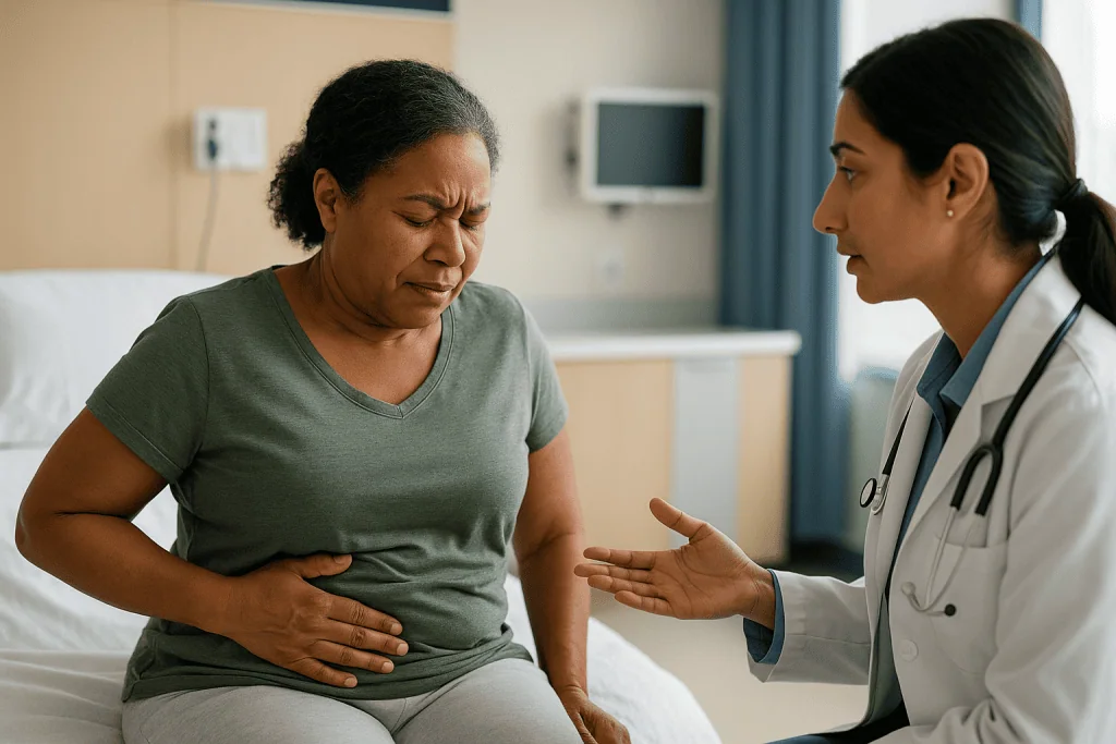 Doctor consulting patient about abdominal pain in hospital: Pain after gallbladder surgery: expected soreness versus pain th