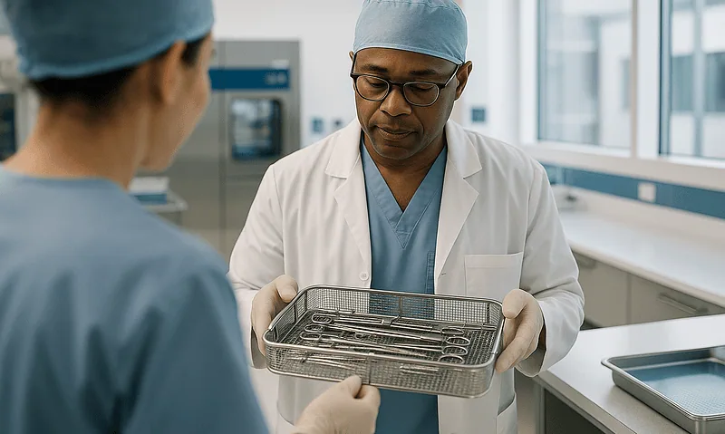 Surgeon examining surgical instruments in a hospital setting.