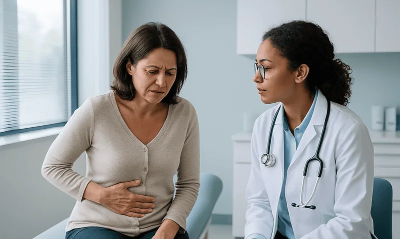 Doctor examining woman with stomach pain in clinic setting.