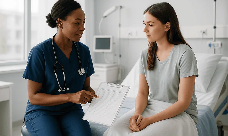 Doctor consulting with a patient in a hospital room at Acibadem Hospitals Group.