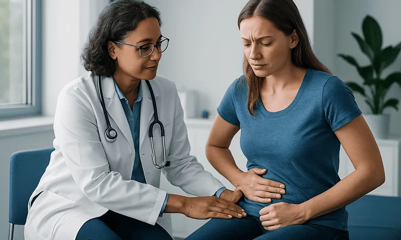 Doctor examining woman with abdominal pain in clinic setting.