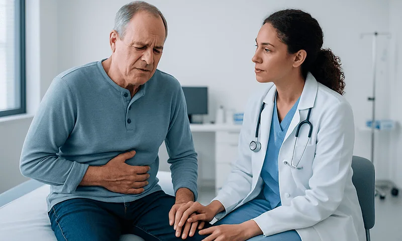 Doctor examining a patient with stomach pain in a hospital room.