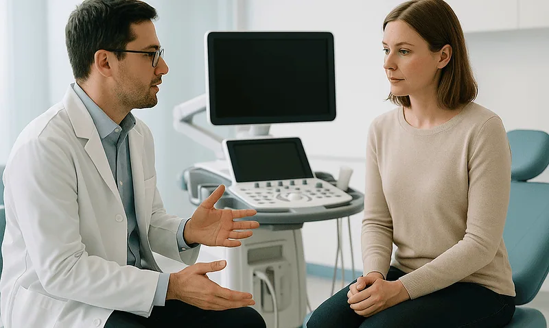 Doctor consulting with a patient in a medical office setting.