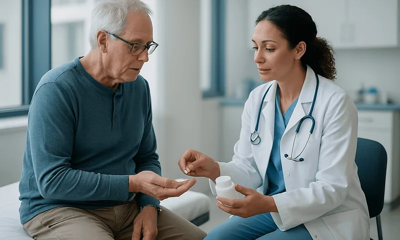 Doctor explaining medication to elderly patient in clinic setting.