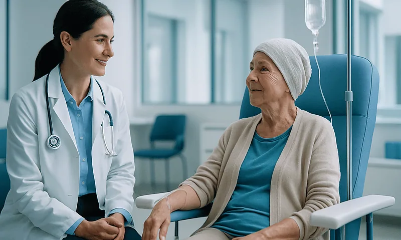 Doctor and patient in hospital discussing treatment options.