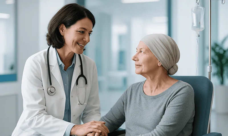 Doctor comforting a patient in a hospital room with IV drip.