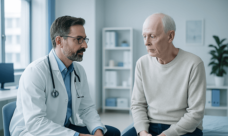Doctor consulting with elderly patient in a modern clinic setting.