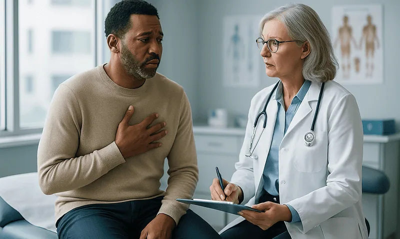 Doctor consulting with patient about chest discomfort and symptoms.