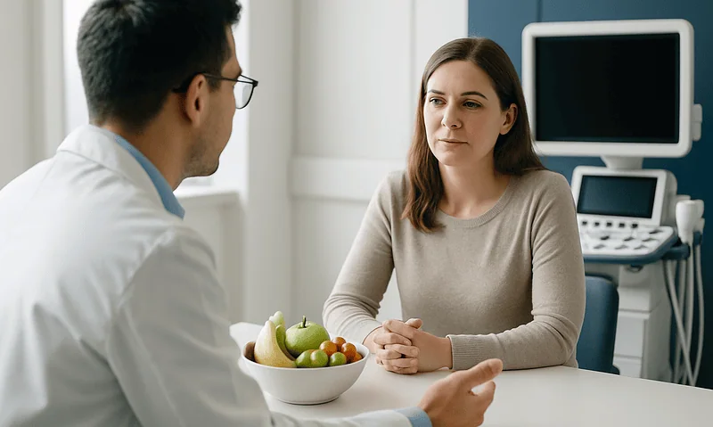 Doctor consulting with a female patient in a medical office setting.