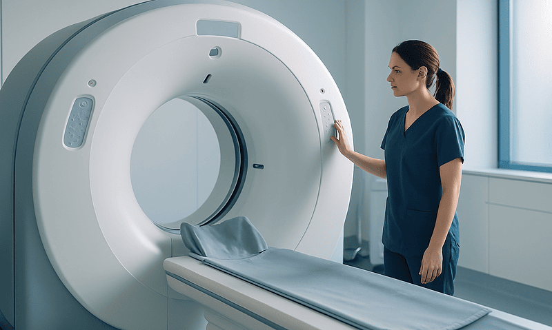 Medical technician prepares MRI machine for patient scan at Acibadem Hospital.