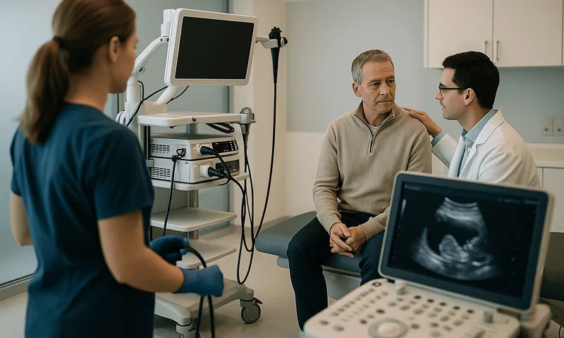 Doctor discussing ultrasound results with patient in hospital room.