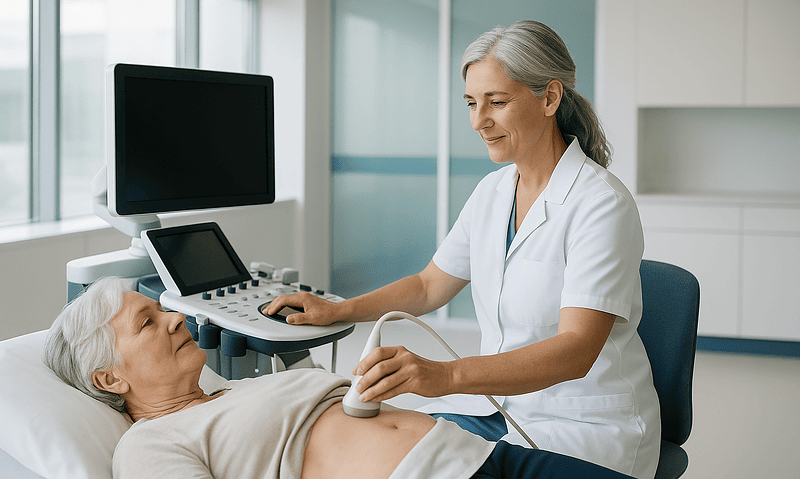 Doctor performing abdominal ultrasound on elderly patient in hospital.