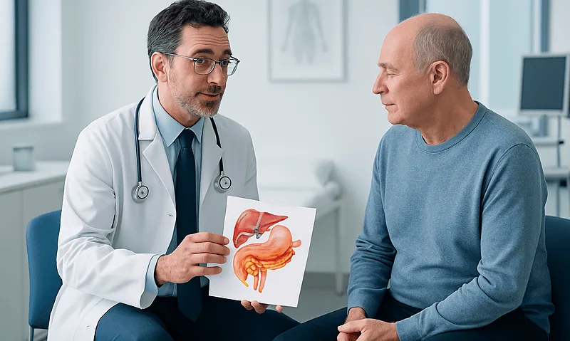 Doctor explaining stomach and pancreas diagram to patient in consultation.