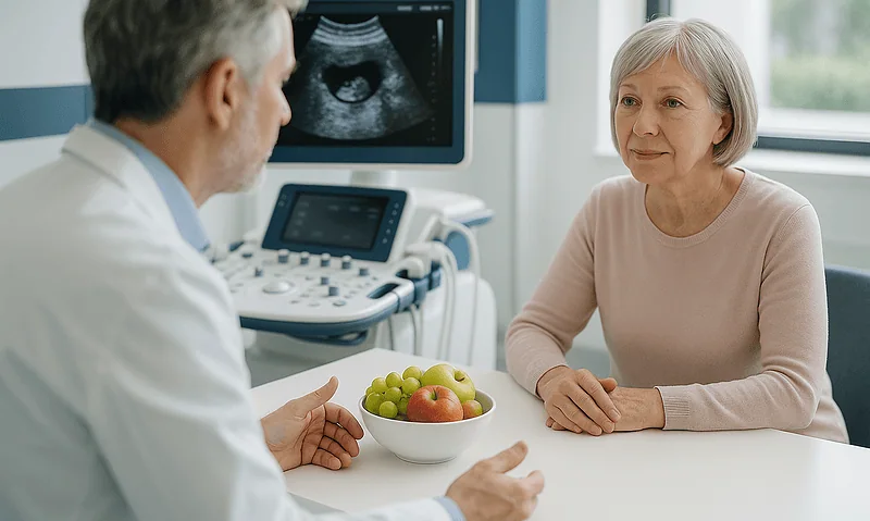 Doctor discussing ultrasound results with an elderly woman in a medical consultation.